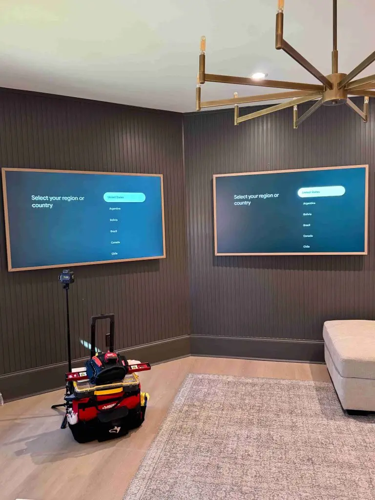 We install The Frame TV in Atlanta and understand what clients actually want: a setup that looks like a gallery, not a TV project. Whether you need a single Frame install, a dual TV install, a clean “gallery wall” style layout, soundbar mounting, hidden wires, in-wall cable concealment, outlet relocation, or a complete clean-up of all visible cables — we handle the full scope.